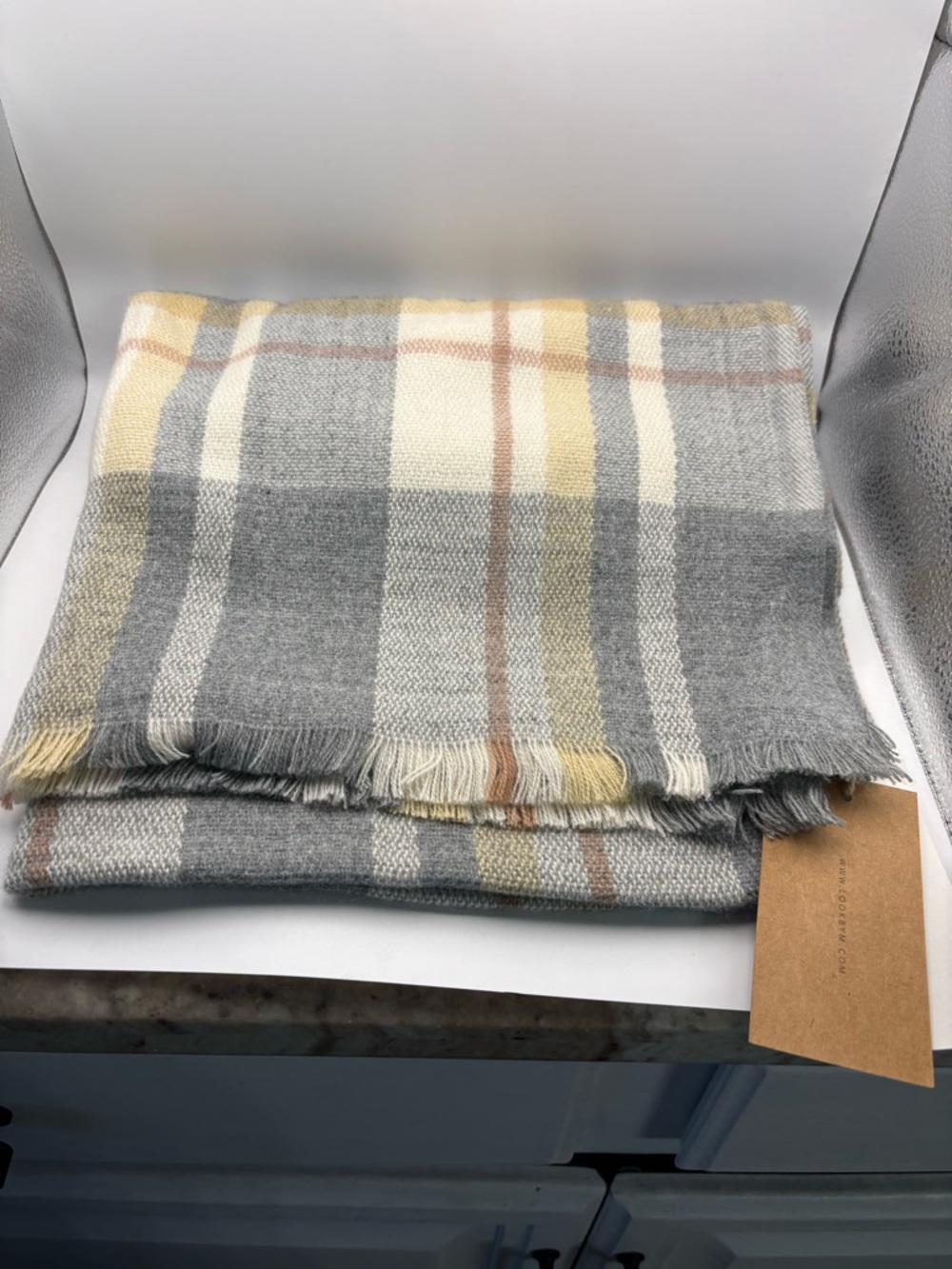 Look By M Soft Gray Plaid Scarf Cream/Yellow/Gray